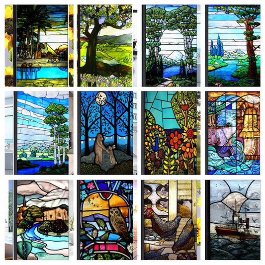 Custom Size Stained Glass Window Film Decorative Frosted Privacy Sticker Non Adhesive Static Cling Removable Retro Village Life