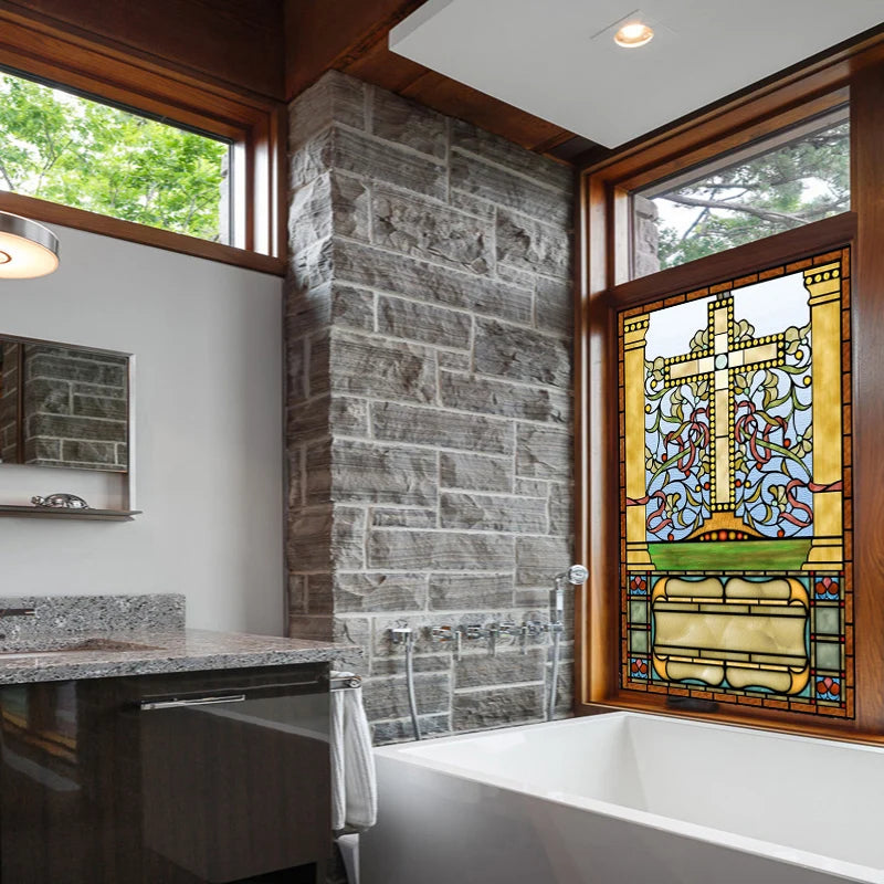 Window Film Frosted Religious Stained Glass Films,Customized Crosses Dove Static Cling Church Pattern for Office Home Decor