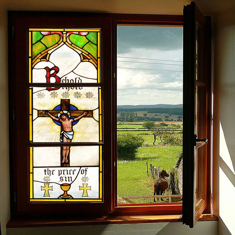 Window Film Frosted Stained Glass Films Door Sticker,Customized Crosses Static Cling Church Pattern for Office Home Decor