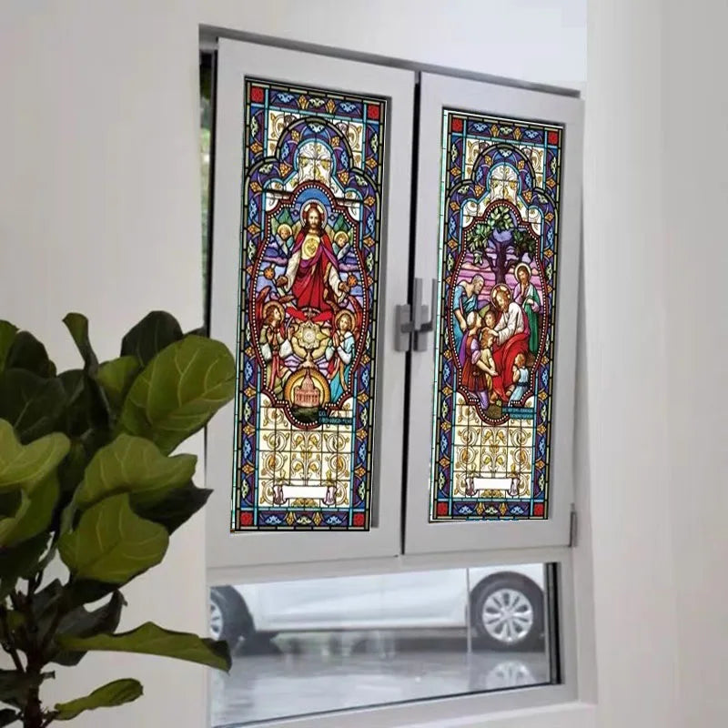 Gothic Rose Window film Glass Films Frosted Stained Window Sticker can do custom size Jesus/Christ Painting