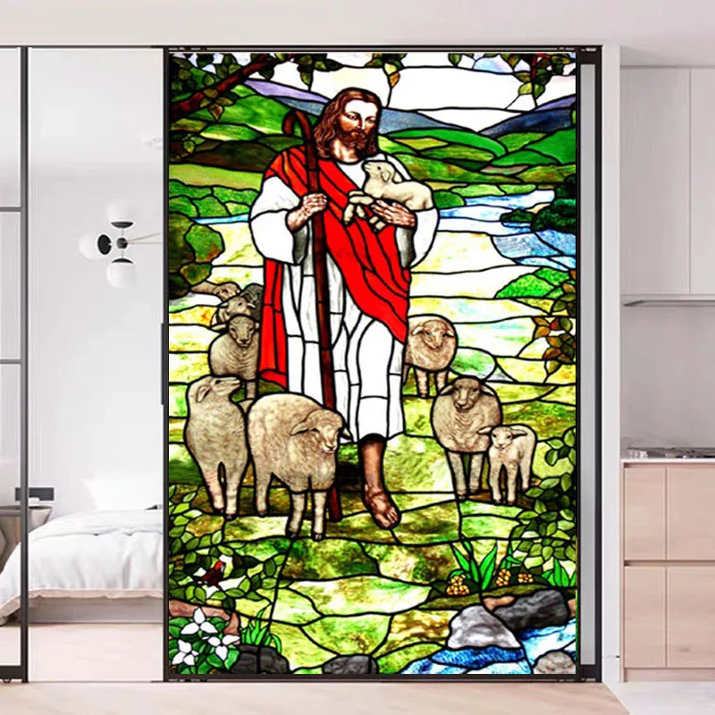Decorative Self Adhesive/Static Cling Frosted Stained Continental Window Film Custom Size Jesus Christ 028