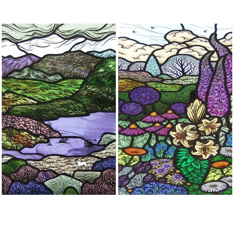 Custom Size Stained Glass Films,Frosted Privacy, Static Cling Poster, Retro Tree Scenic Color Printing Window Film Door Stickers