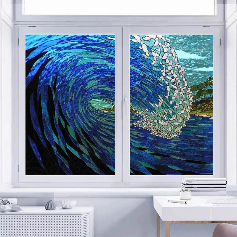 Custom Glass Window Film Static Cling Frosted Blue Glass Films Foil Stickers Waterproof For Bathroom Kitchen Sea Wave Sailboat