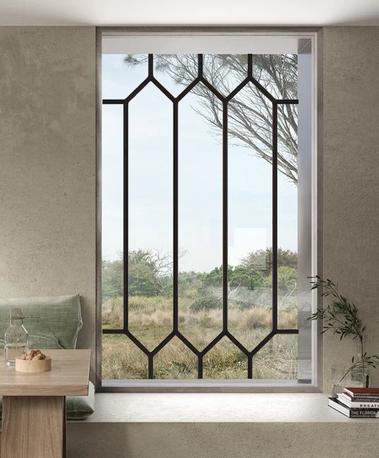 Stained Glass Window Film Transparent Glass Sticker Static Cling Iron Style Black Line Office Door Anticollision Home Decor