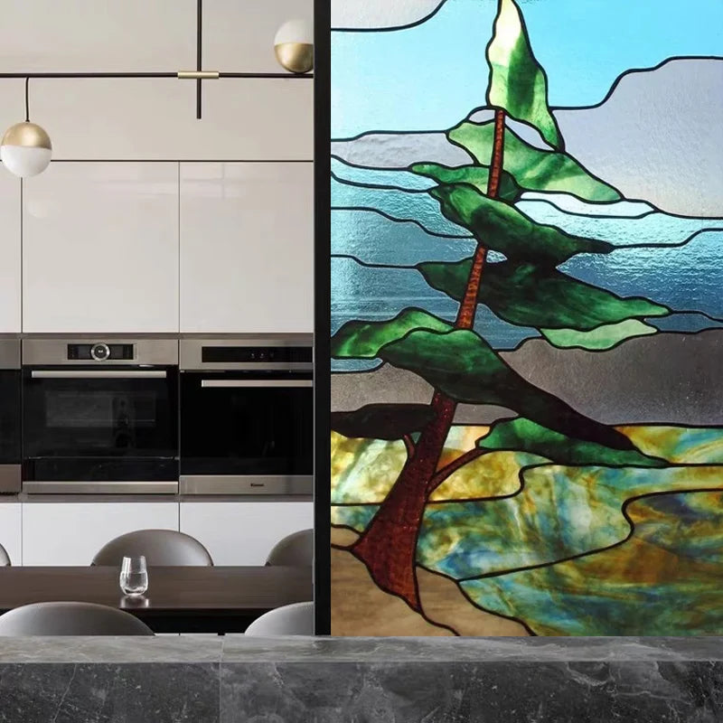 Custom Size Stained Glass Window Film, Gothic Church, Tree, Flower, Bird Sticker for Kitchen, Bathroom, Sliding Door, Home Decor