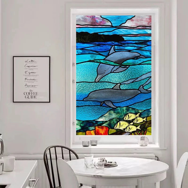 Custom Stained Glass Window Film Electrostatic Frosted Sticker, Home Foil Blue Stickers ,Waterproof for Bathroom Home Dolphin