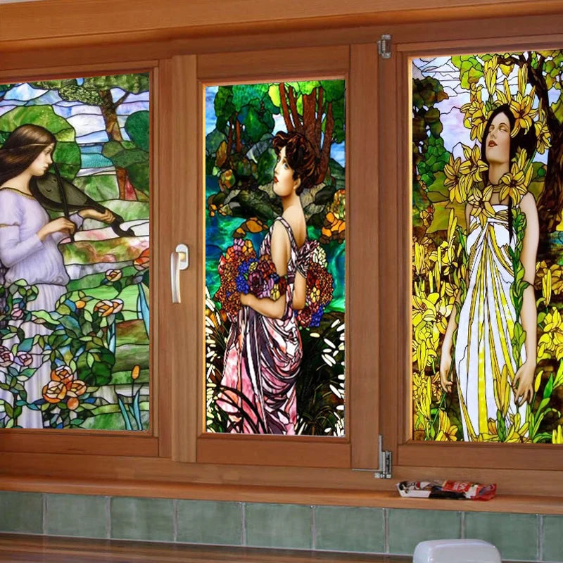 Custom Size Stained Glass Window Film, Church Sticker, Girl Painting, Kitchen, Bathroom, Bedroom, Sliding Door, Home Decor