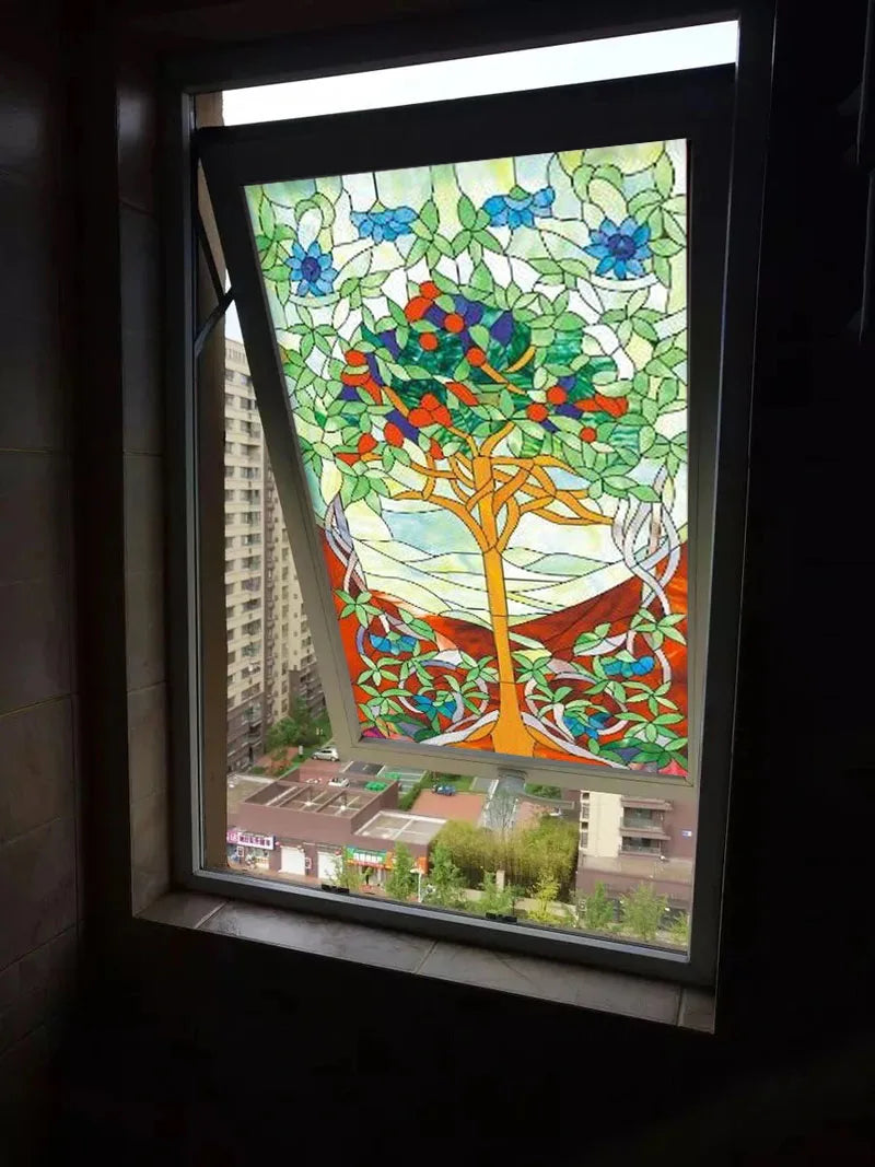 Custom Size Window Stained Glass Films,Static Cling Reusable Stickers Church Tree Poster, For Bathroom Kitchen Door Home Decor