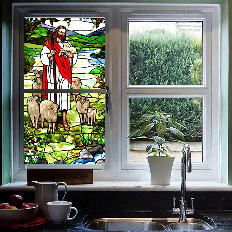 Decorative Self Adhesive/Static Cling Frosted Stained Continental Window Film Custom Size Jesus Christ 028