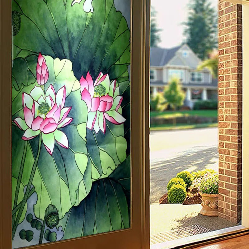 Stained Static Cling Window Film Frosted Light-transparent Opaque Privacy Glass Sticker Home Decor 3D Print Lotus Retro Poster