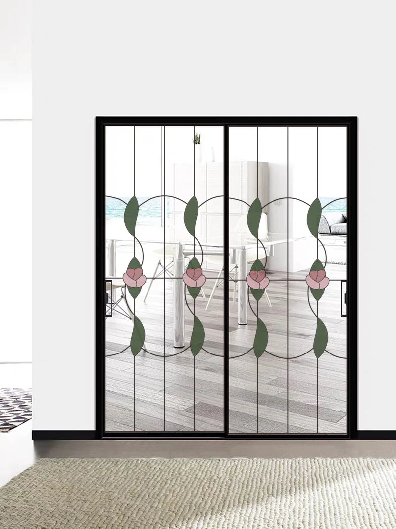 Custom Size Stained Glass Window Film Transparent Glass Sticker Static Cling Rose Sakura Print Office Home Decor Bedroom Door