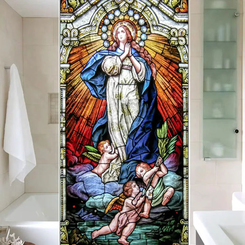 Decorative self adhesive frosted stained continental window film Crucifixion of Jesus/Christ God and the Virgin Mary