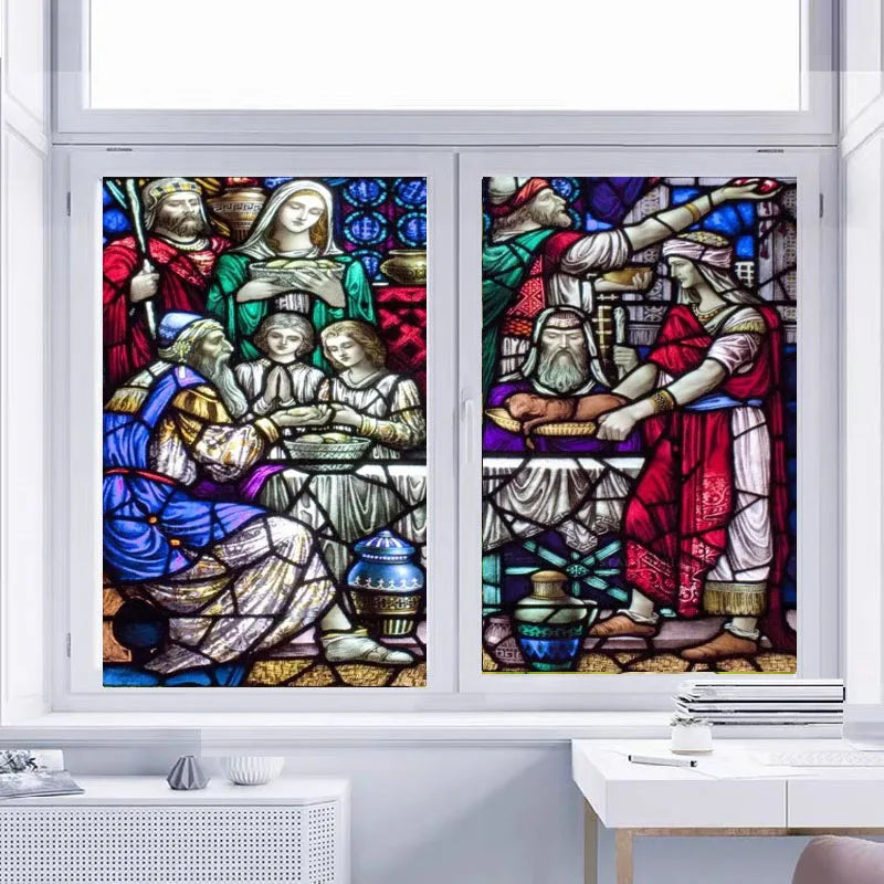 Custom Size Window Glass Films Self-Adhesive Frosted Stained Glass European Church Jesus Christ Virgin Last Supper Sticker Foil