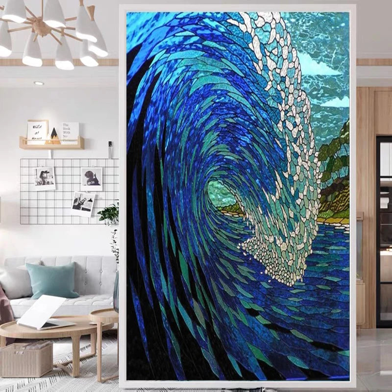 Custom Glass Window Film Static Cling Frosted Blue Glass Films Foil Stickers Waterproof For Bathroom Kitchen Sea Wave Sailboat