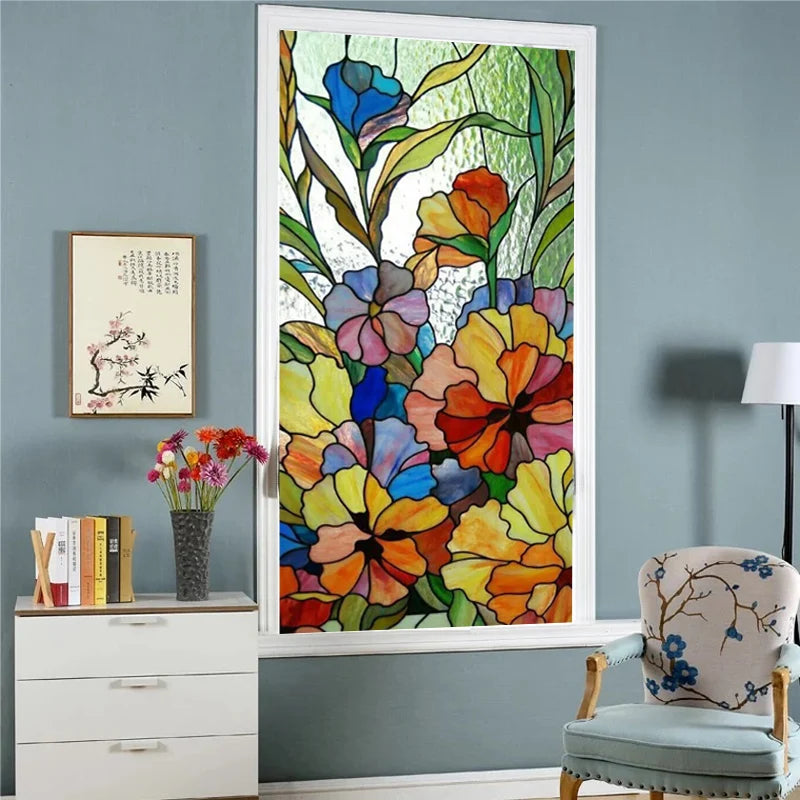 Custom Size Stained Glass Window Film, Gothic Church, Tree, Flower, Bird Sticker for Kitchen, Bathroom, Sliding Door, Home Decor