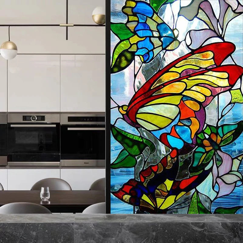 Custom Stained Glass Window Film Static Cling Frosted Sticker,Foil Colour 3D Stickers ,For Bathroom Kitchen Home Decor Butterfly
