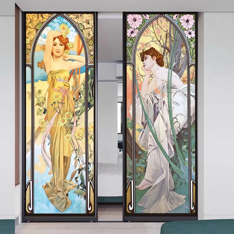 Custom Size Stained Glass Window Film Mucha Stickers Static Cling For Kitchen Bathroom Bedroom Glass Sliding Door Home Decor