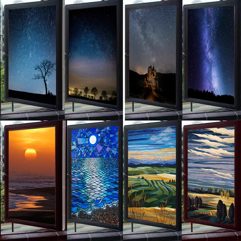 Stained Glass Window Film Frosted Glass Sticker Forest Customized Meteor Moon Sun For Bathroom Bedroom Kitchen  Door Home Decor