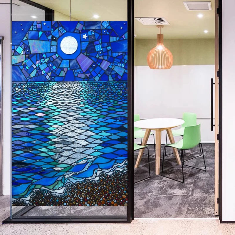 Stained Glass Window Film Frosted Glass Sticker Forest Customized Meteor Moon Sun For Bathroom Bedroom Kitchen  Door Home Decor