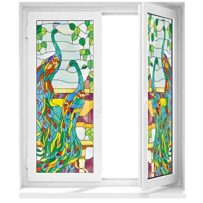 Customized Size No Glue Static Cling Frosted Stained Glass Film Window Films Sticker for Bathroom Door Home Decor Church Peacock