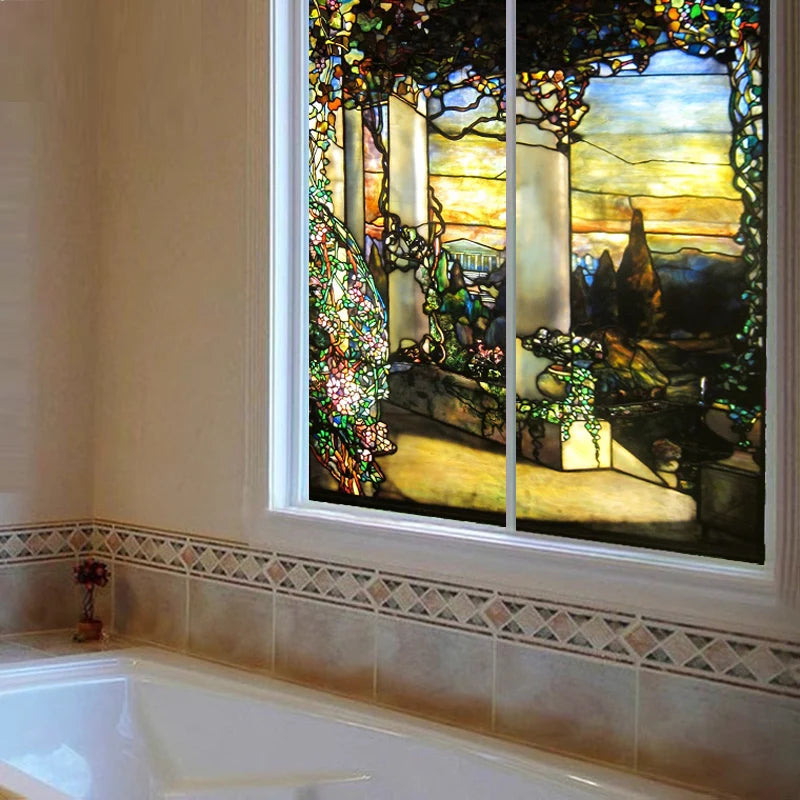 Custom Size Stained Glass Window Film Decorative Frosted Privacy Sticker Non Adhesive Static Cling Removable Retro Village Life