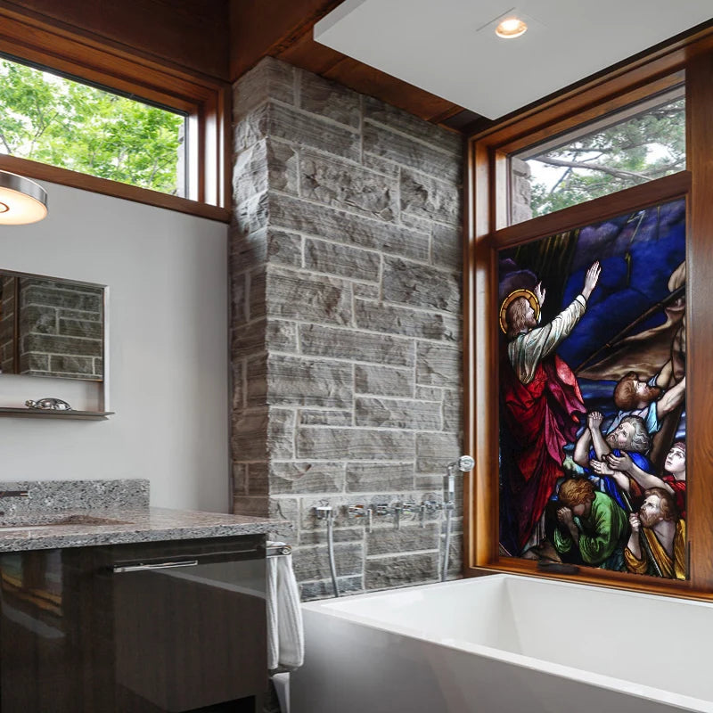 Frosted Stained Glass Window Film, Customized Jesus Virgin Mary Church Picture,Static Cling Door Stickers for Home Office