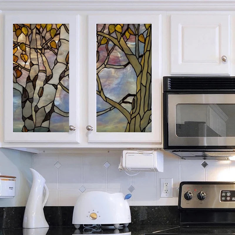 Window Film Frosted Stained Glass Films,Customized Static Cling Stickers,Shower Bathroom Kithchen Skylight Decor Scenic Tree