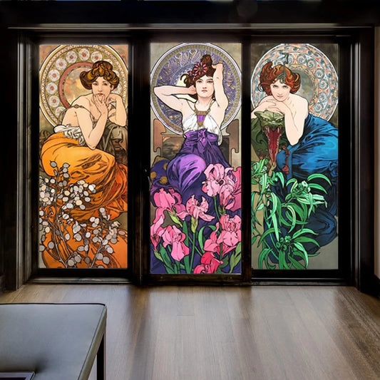 Custom Size Stained Glass Window Film Mucha Stickers Static Cling For Kitchen Bathroom Bedroom Glass Sliding Door Home Decor