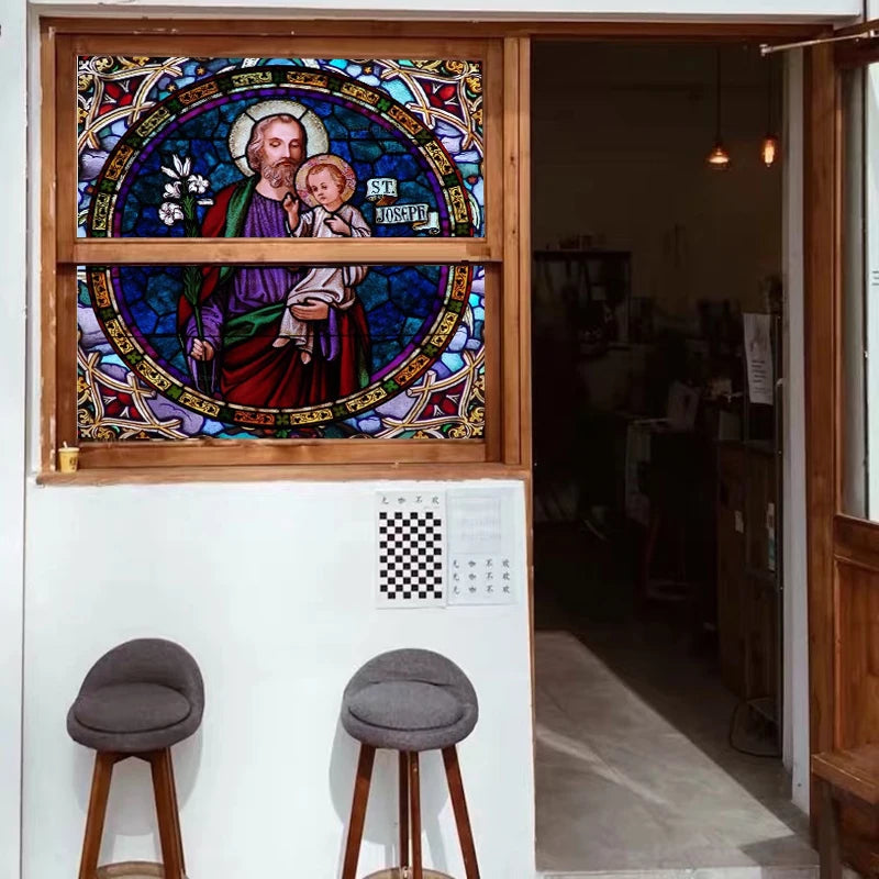Custom Frosted Stained Glass Window Film,PVC Self-Adhesive Window Films,Retro Church Jesus Decor Foil Stickers, Window Treatment