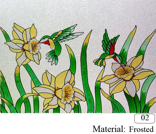 Customized size Windows Glass Films Stained Glass Door Stickers Frosted/3D Etched Flower Birds for Kitchen Office Bathroom