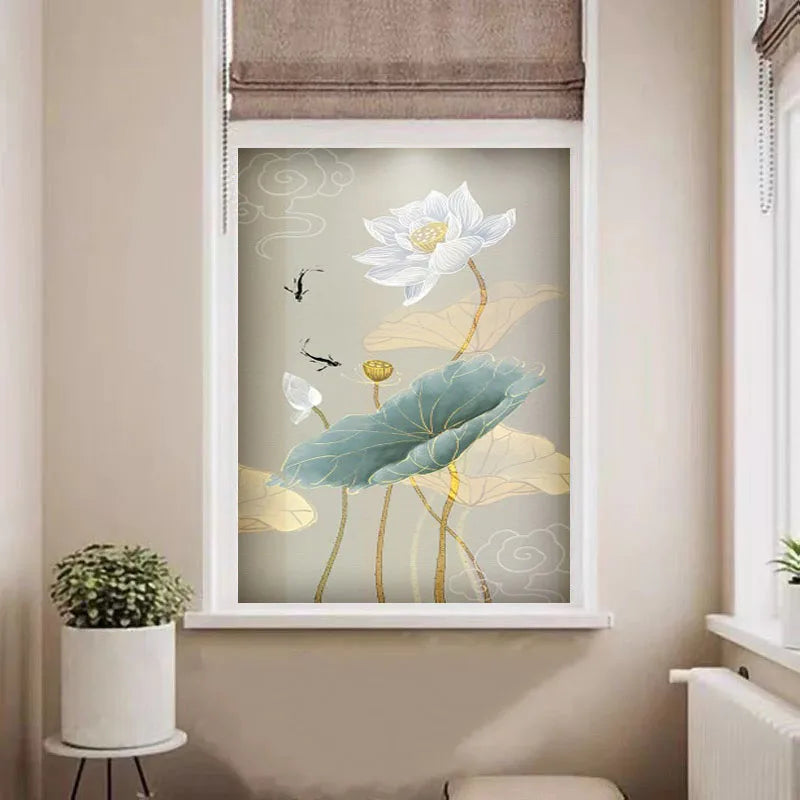 Stained Glass Door Stickers, Opaque Self-Adhesive, Lotus Poster for Kitchen, Bedroom, Bathroom, Customized Size