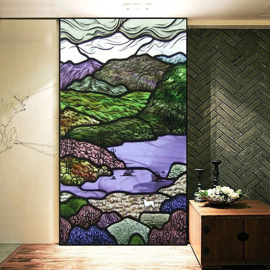 Customized Size Stained Glass Film Window Films Landscape Static Cling Frosted Sticker Bathroom Kitchen Cupboard Door Home Decor