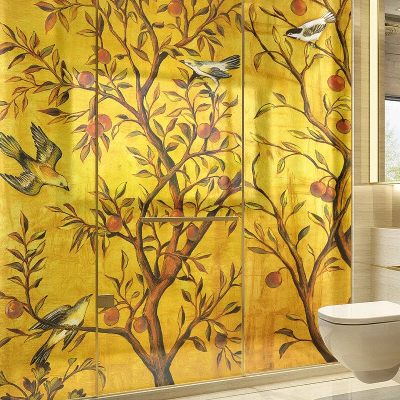 Traditional Fortune Tree and Birds painting Window film on the Glass for Bathroom Sliding door Cabinet Home decor