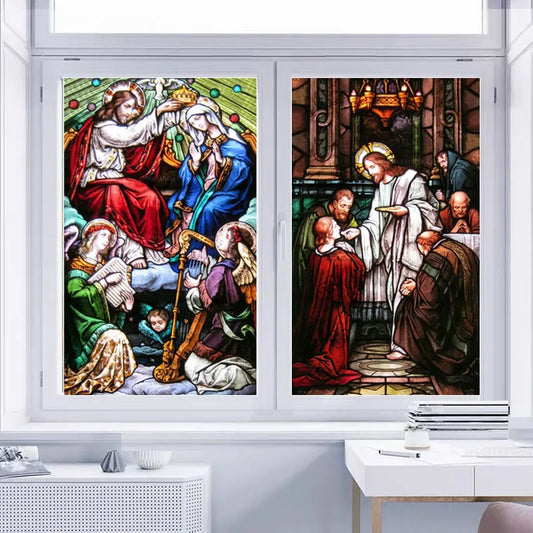 Custom Size Self-Adhesive Stained Glass Window Films Sticker Frosted Paper Poster Door Vintage Style Translucent Jesus Christ