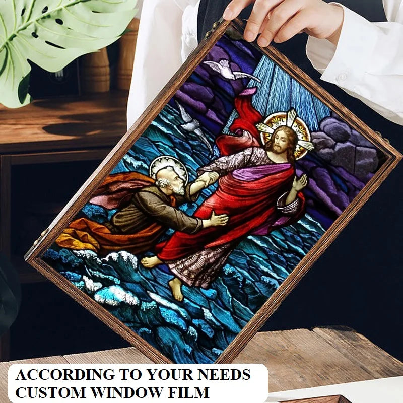 Frosted Stained Glass Window Film, Customized Jesus Virgin Mary Church Picture,Static Cling Door Stickers for Home Office