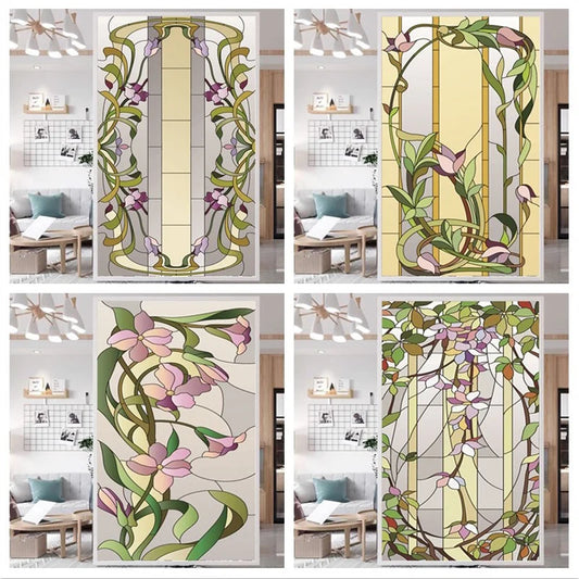 Custom Size Stained Glass Window with Purple Floral Pattern, Frosted Static Cling, Heat-Control, Privacy, Home Decor