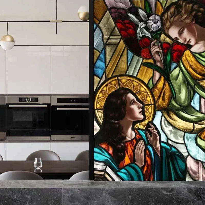 Custom size Stained Glass Retro Wndow Film Frosted Glass Sticker Frosted Church Virgin Mary Picture Poster Home Decor