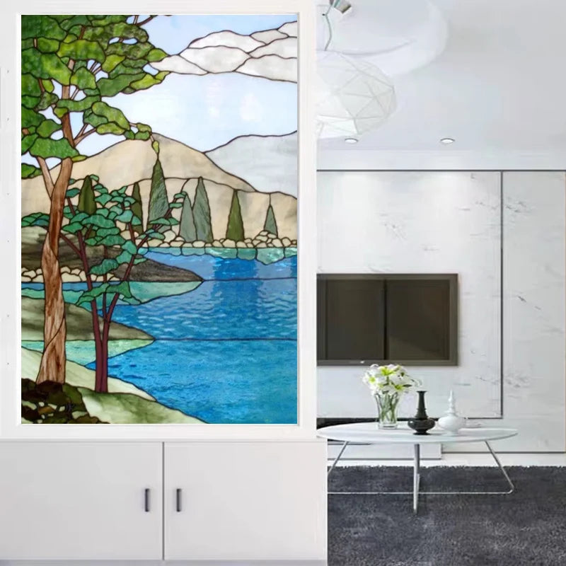 Custom Size Stained Glass Window Film, Gothic Church, Tree, Flower, Bird Sticker for Kitchen, Bathroom, Sliding Door, Home Decor