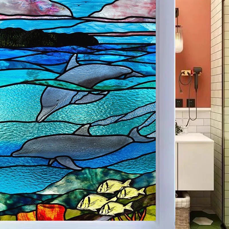 Custom Stained Glass Window Film Electrostatic Frosted Sticker, Home Foil Blue Stickers ,Waterproof for Bathroom Home Dolphin