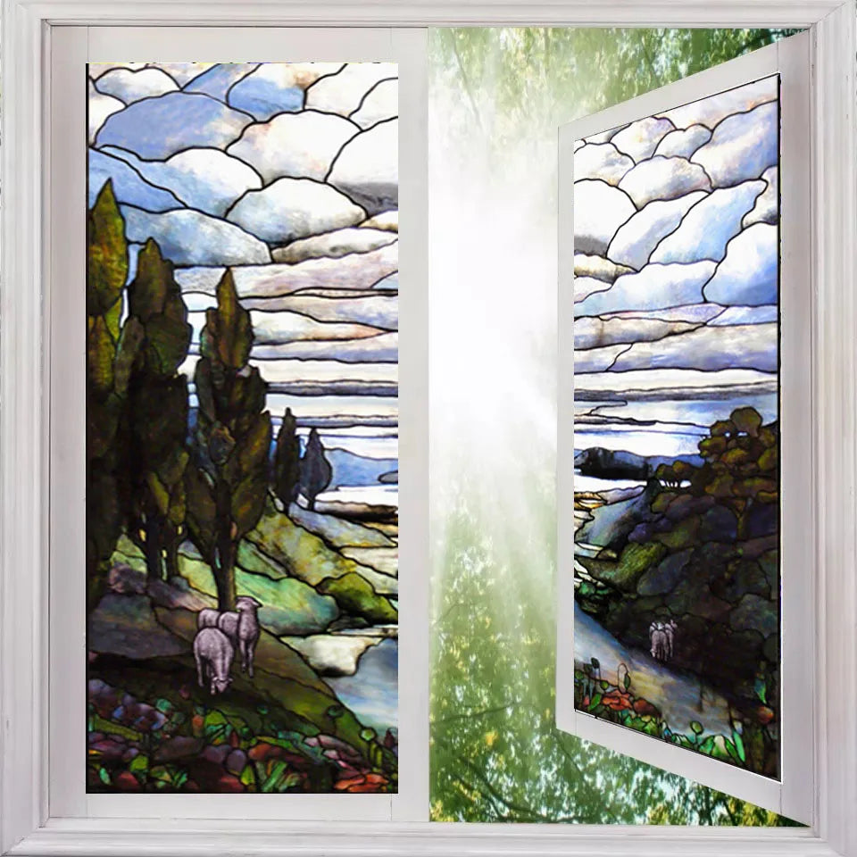 Landscape Painting Glass Films, Stained Window Film, Opaque Sticker, Self Adhesive, Static Cling for Square Window, Custom Size