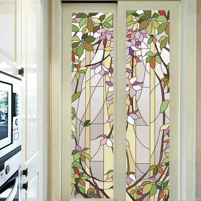 Custom Size Stained Glass Window with Purple Floral Pattern, Frosted Static Cling, Heat-Control, Privacy, Home Decor