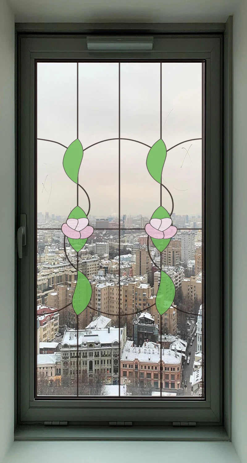 Custom Size Stained Glass Window Film Transparent Glass Sticker Static Cling Rose Sakura Print Office Home Decor Bedroom Door