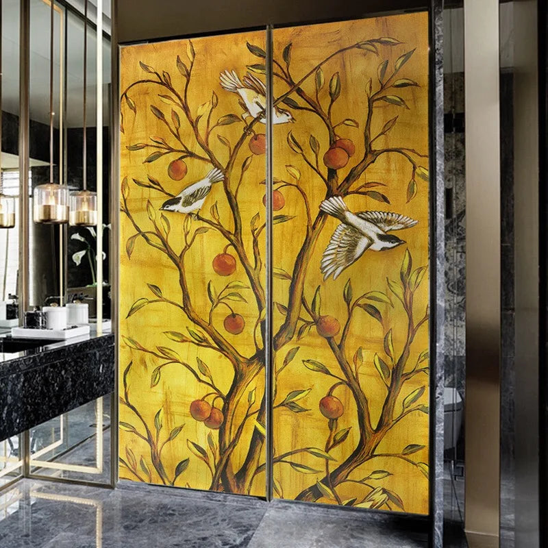 Traditional Fortune Tree and Birds painting Window film on the Glass for Bathroom Sliding door Cabinet Home decor