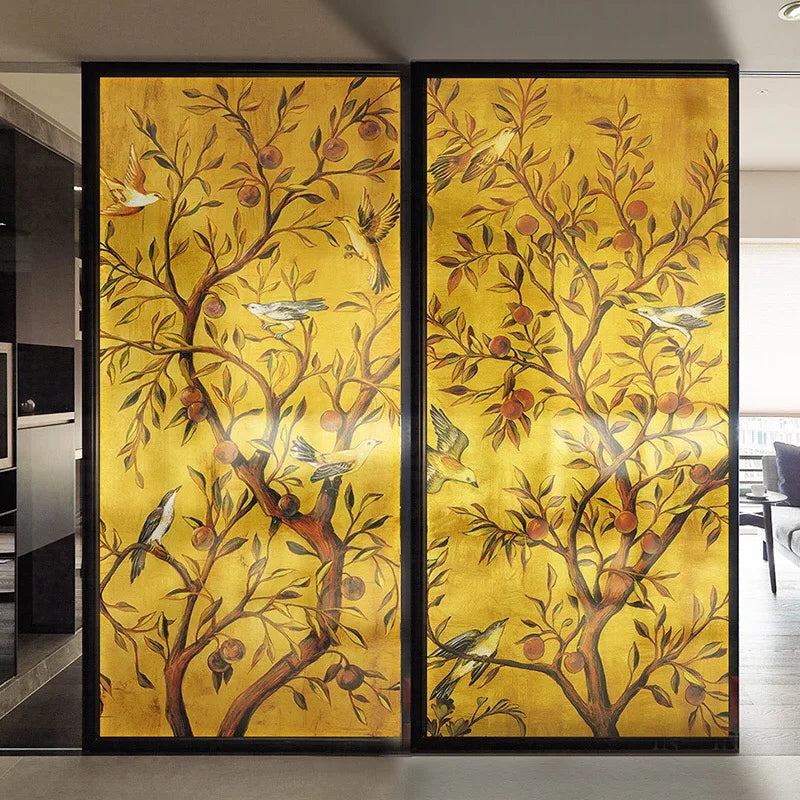 Traditional Fortune Tree and Birds painting Window film on the Glass for Bathroom Sliding door Cabinet Home decor