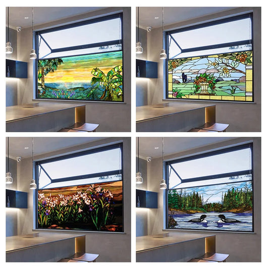 Custom Size Stained Glass Window Film Frosted Privacy Static Cling Scenic Vintage For Transom Window Glass Home Decor