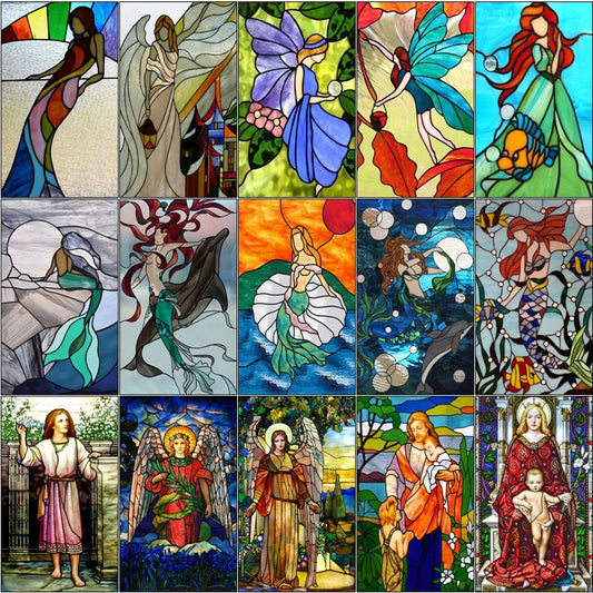 Custom Size Stained Glass Window Film, Static Cling Mermaid /Angel/Jesus Picture For Kitchen Bathroom Bedroom Glass Home Decor