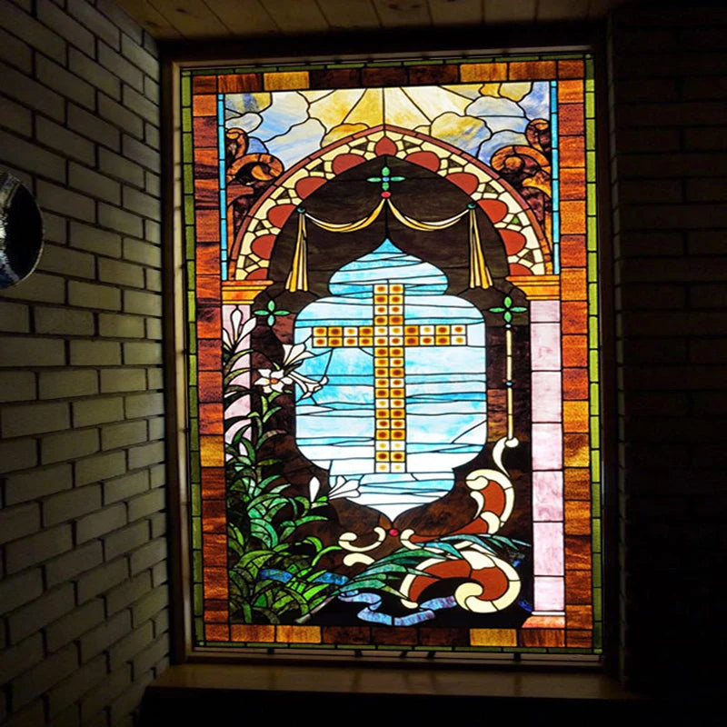 Frosted Stained Glass Window Film, Cross Dove Lily, Static Cling, Church, Home Decor, Bathroom, Kitchen, Door Sticker