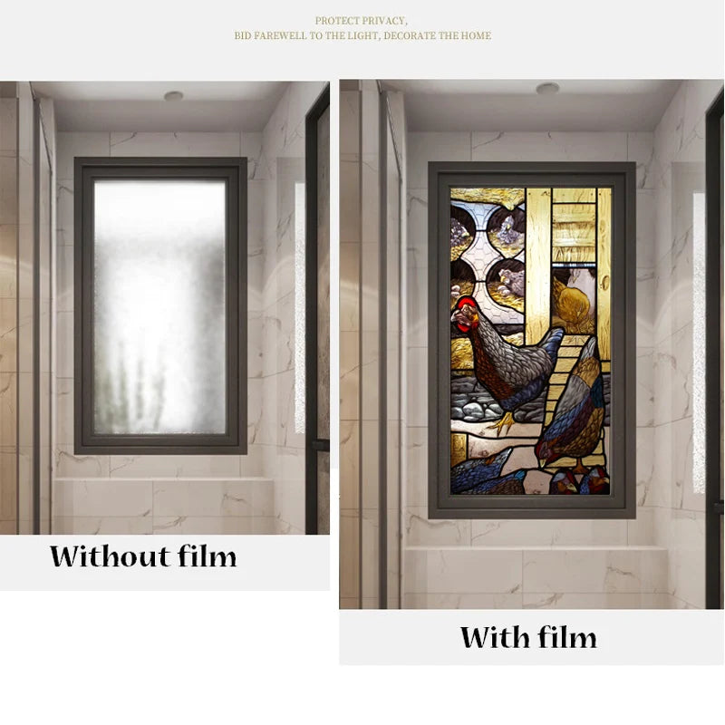 Custom Size Stained Glass Window Film Decorative Frosted Privacy Sticker Non Adhesive Static Cling Removable Retro Village Life