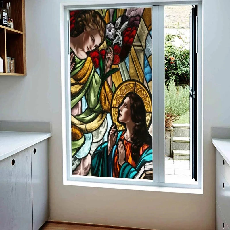 Custom size Stained Glass Retro Wndow Film Frosted Glass Sticker Frosted Church Virgin Mary Picture Poster Home Decor