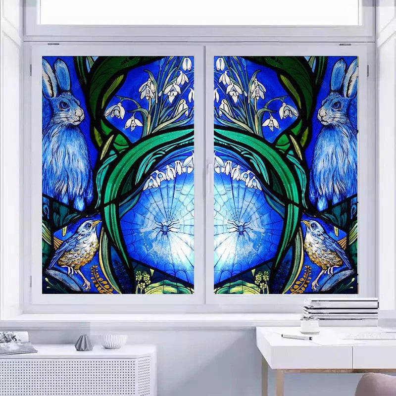 Custom Stained Glass Window Film Static Cling Frosted Sticker, Home Foil Blue Stickers ,For Bathroom Kitchen Home Decor Rabbit
